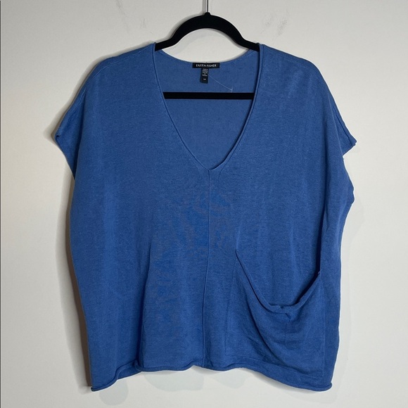 Eileen Fisher | Blue Linen Blend V-Neck Boxy Cut Top Size Small - Picture 1 of 6